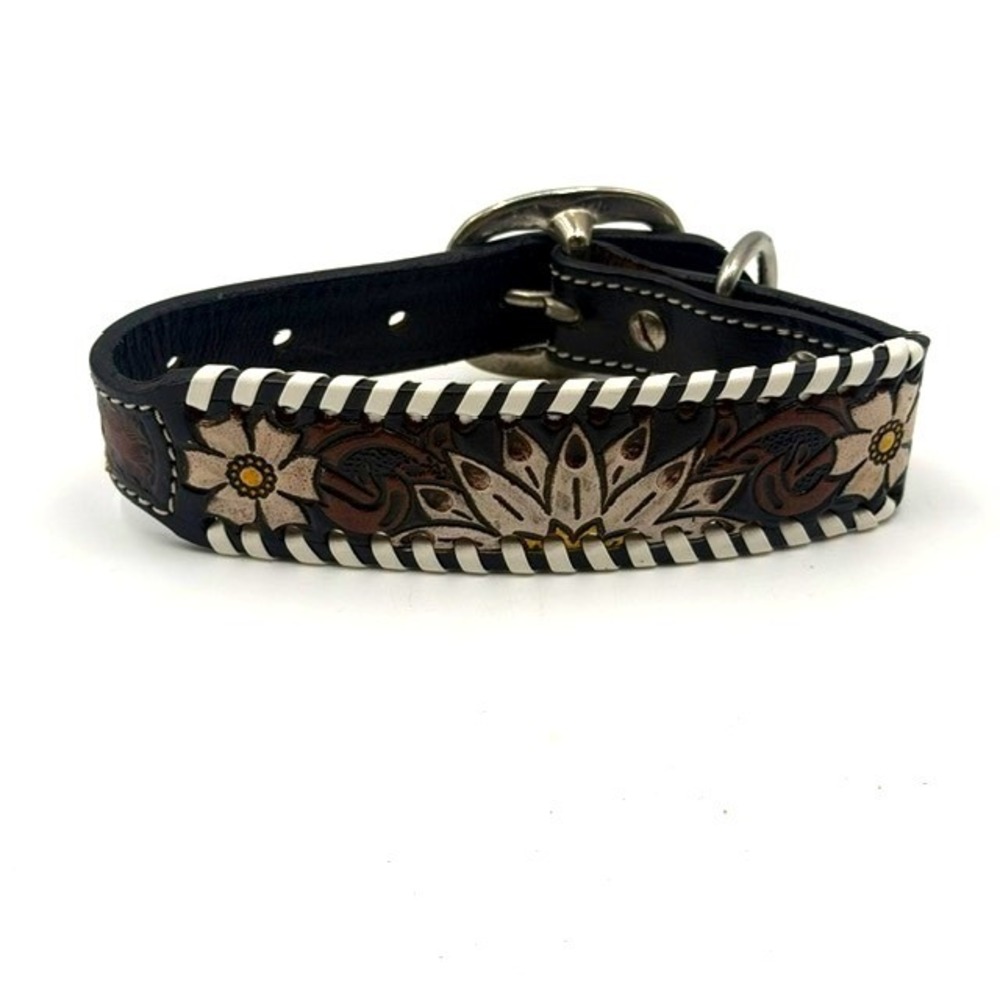Myra Bag Oxy Daisy Hand Tooled Leather Dog Collar Floral Whipstitch Brown Large